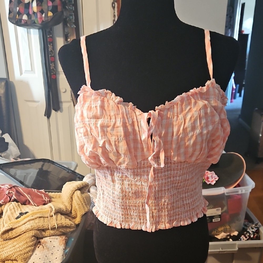 Forever 21 Pink Plaid Smocked Crop Top